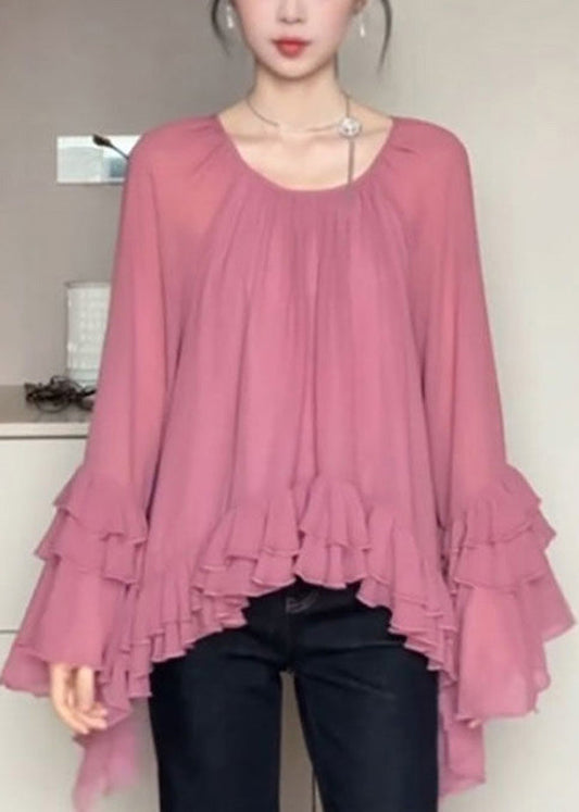 Organic Pink O-neck Tie Lace Chiffon Shirts Flare Sleeve