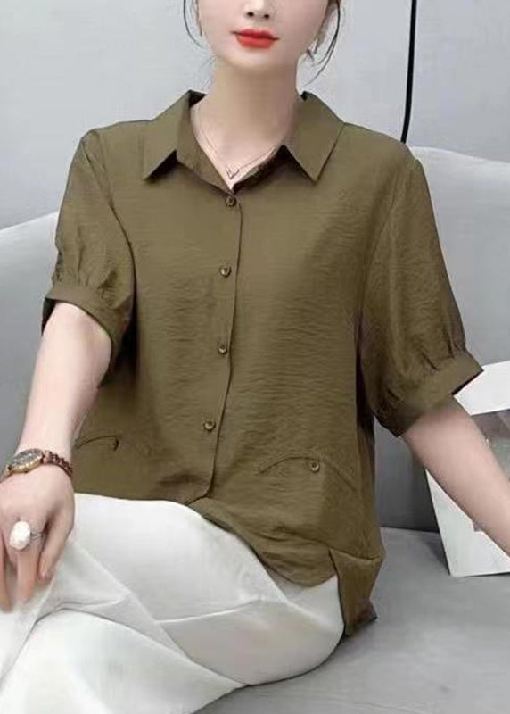 Red Peter Pan Collar Low High Design Silk Shirt Short Sleeve