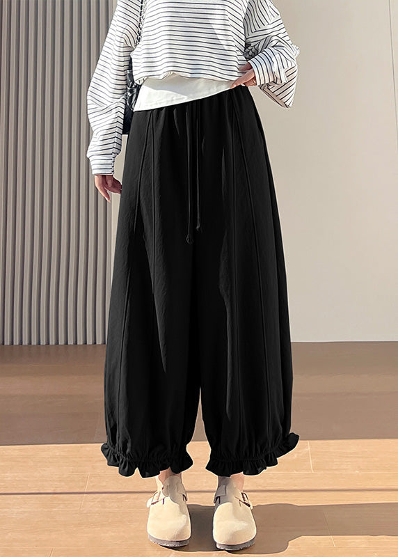 Black Elastic Waist Ruffled Cotton Pants Fall