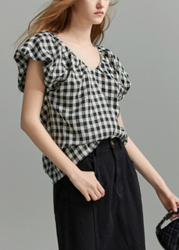 Black V Neck Plaid Shirt Short Sleeve