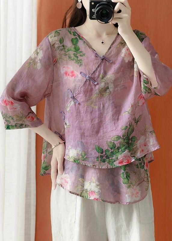 Purple Asymmetrical Print Cotton Blend Blouses Half Sleeve