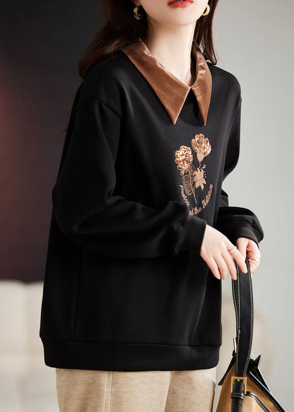 Organic Black Peter Pan Collar Embroideried Warm Fleece Top Fall