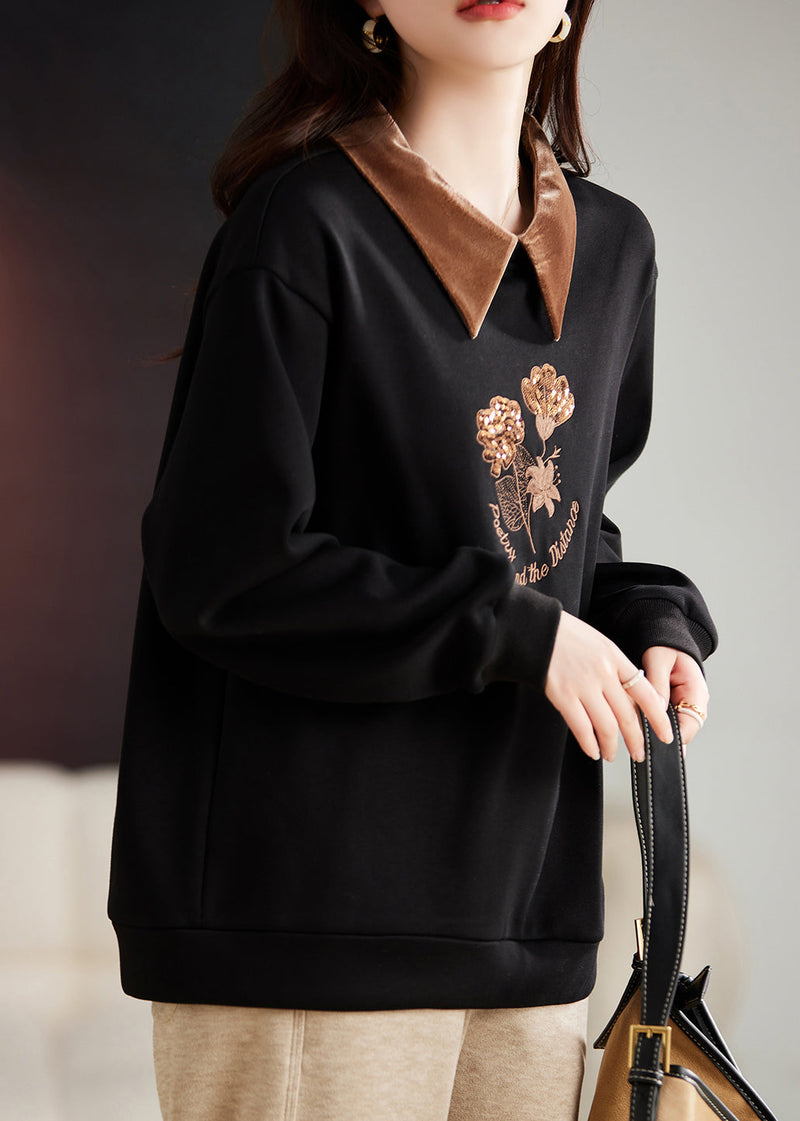 Organic Black Peter Pan Collar Embroideried Warm Fleece Top Fall