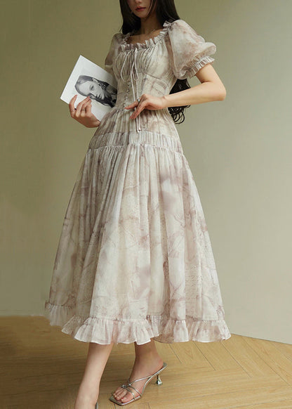 Ruffled Print Lace Up Silk Long Dress Summer