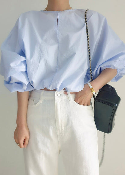 Light Blue Hollow Out Loose Shirts O-neck Puff Sleeve