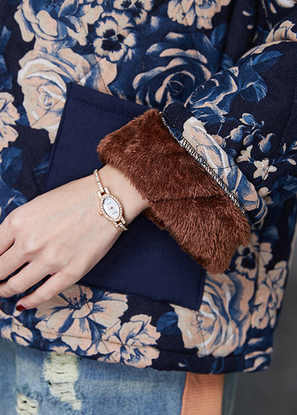 Navy Print Chinese Button Warm Fleece Coat Spring