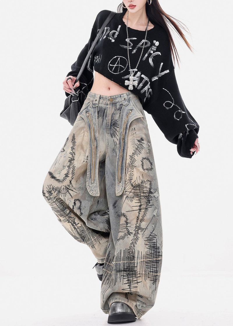 Grey Embroidered Denim Wide Leg Pants Spring