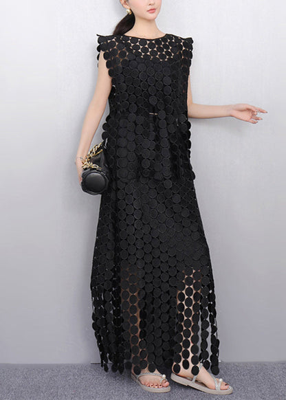Black Dot Lace Top and Maxi Skirts Two Pieces Set Sleeveless