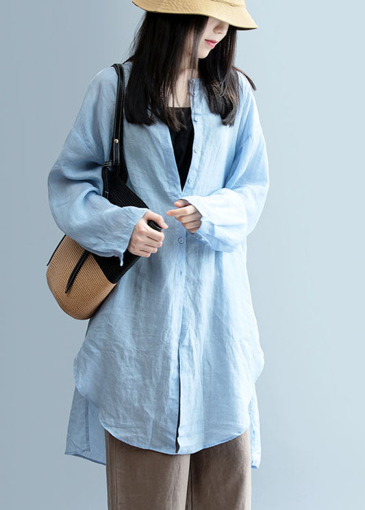 Handmade Blue Asymmetrical Linen Blouses Spring