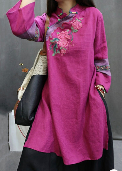 New Rose Stand Embroidered Button Collar Linen Blouses Fall