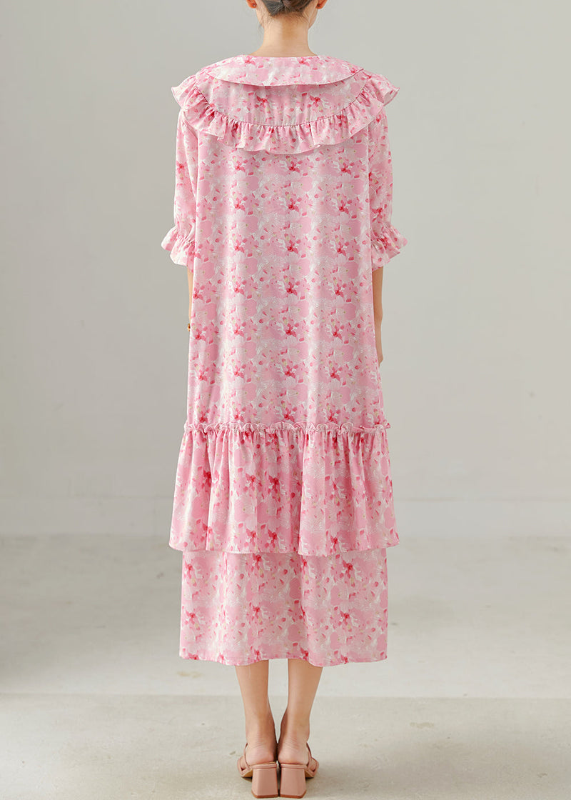 Pink Ruffled Print Chiffon Dress Spring