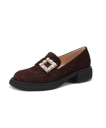 Brown Chunky Suede Zircon Splicing Loafer Shoes