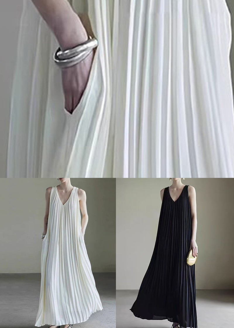 Black Wrinkled Pockets Chiffon Long Dresses V Neck Summer