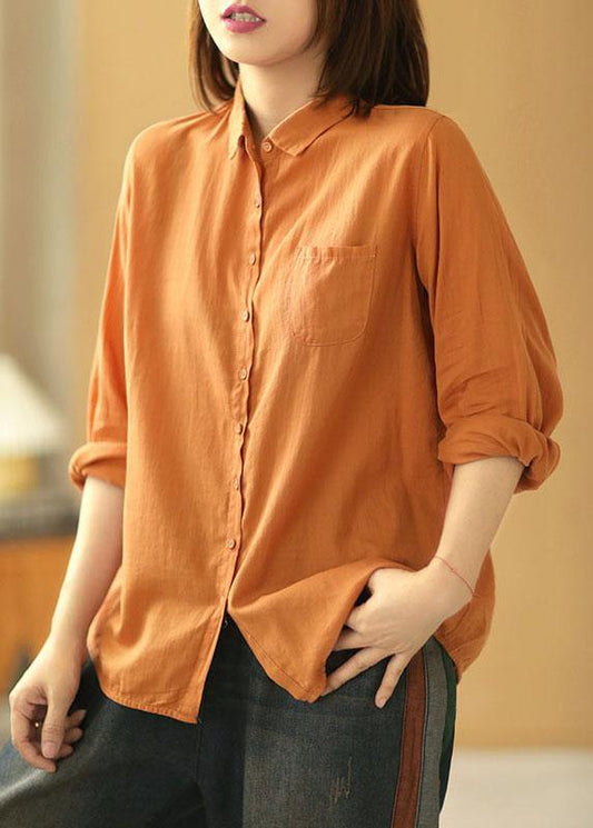 Orange Peterpan Collar Button Pockets Fall Long Sleeve Blouse Top