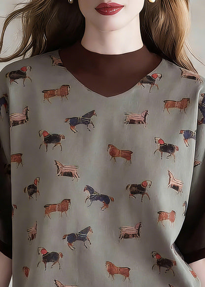 Style Coffee Print Fake Two-piece Top Short Sleeve
