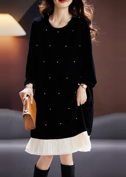 Fine Black O Neck Nail Bead Patchwork Velour Dress Fall