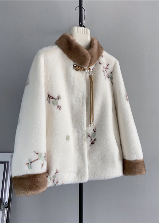 Beige Stand Collar Tasseled Embroideried Mink Cashmere Jackets Winter
