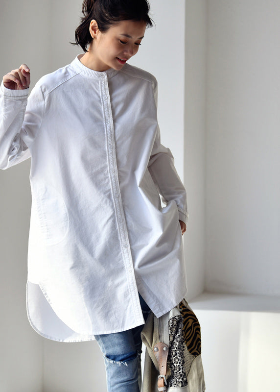 White O-neck Low High Design Button Cotton Shirt Long Sleeve