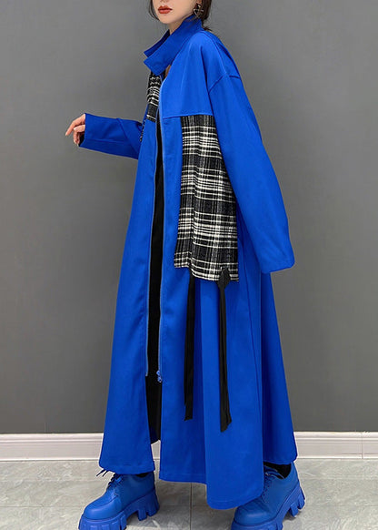 Blue Peter Pan Collar Zippered Patchwork Tassel Maxi Coat Spring
