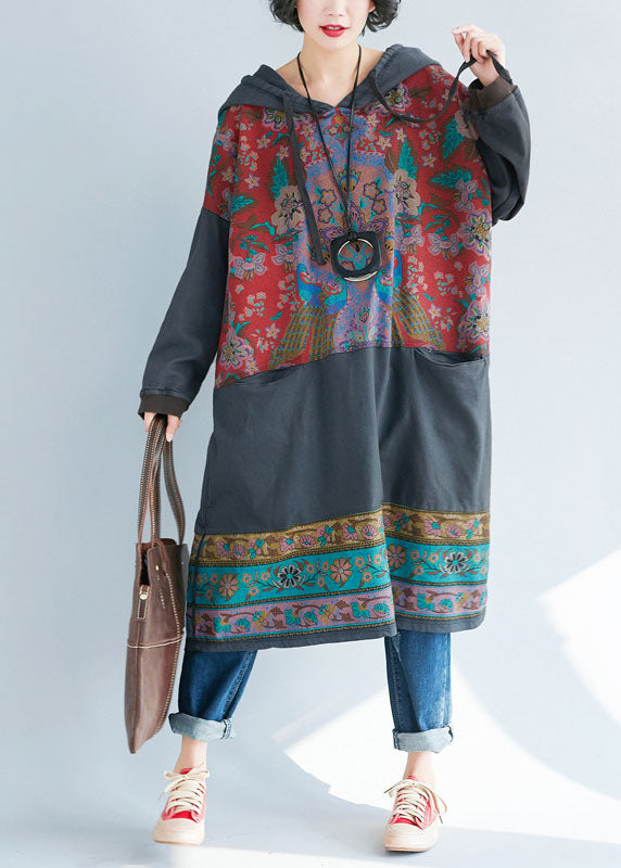Grey Hooded Print Sweatshirts Dresses Spring