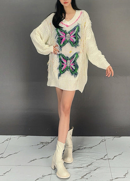 Beige V Neck Butterfly Knit Sweater Dress Fall
