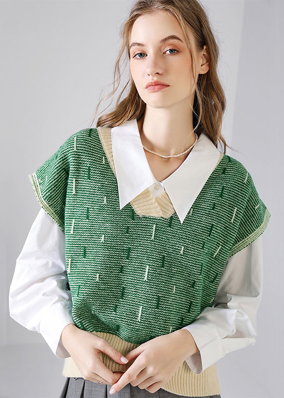 Green V Neck Patchwork Knit Tops Waistcoat Fall