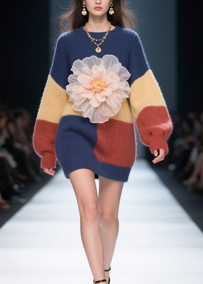 Diy Colorblock O Neck Patchwork Knitwear Dress Fall