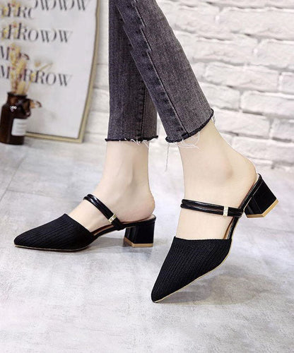 Pointed Toe Splicing Chunky Slide Sandals Black Knit Fabric