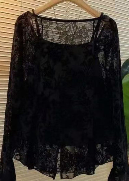 Novelty Black Hollow Out Button Tank and Shirts Two Pieces Set Flare Sleeve