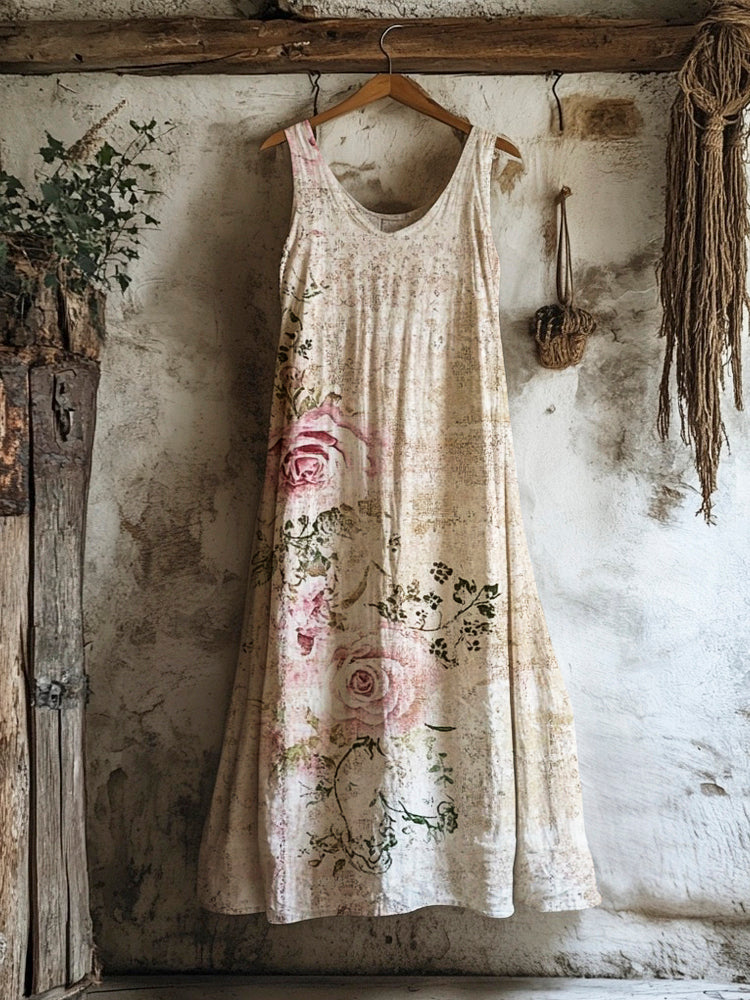 Vintage Rose Women's Linen V-neck Vest Dress artswardrobe