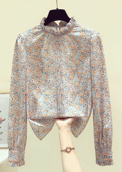 Stand Collarc Ruffled Print Chiffon Shirts Spring
