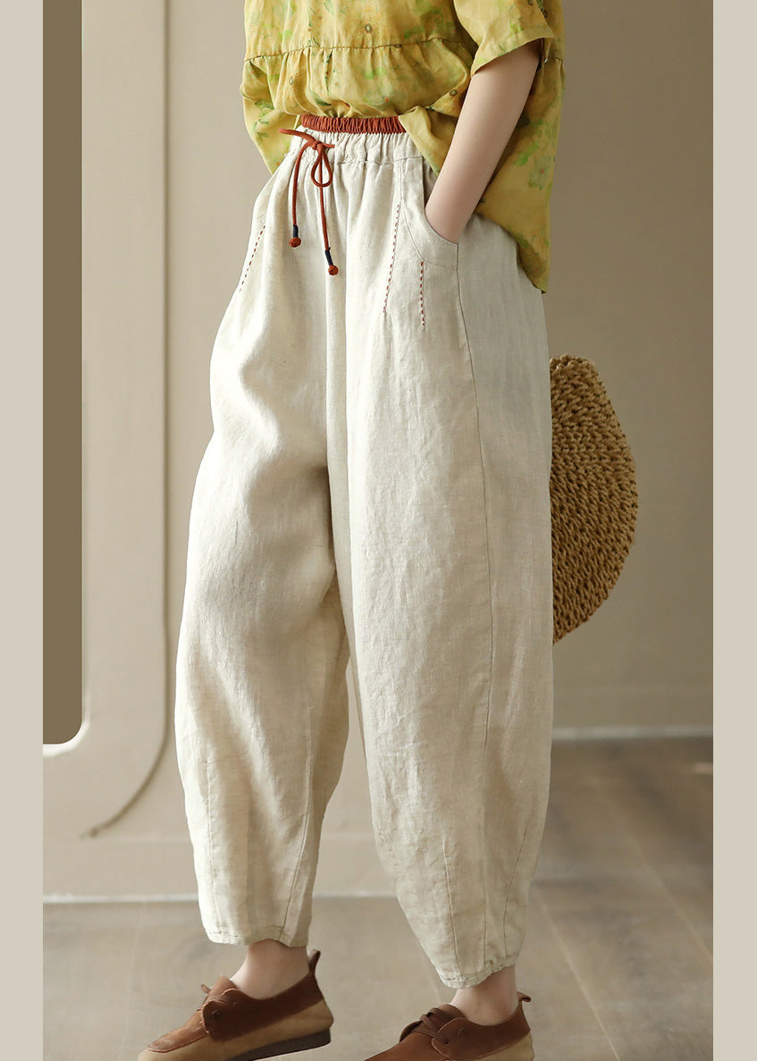 Linen Colour Elastic Waist Linen Pants Summer