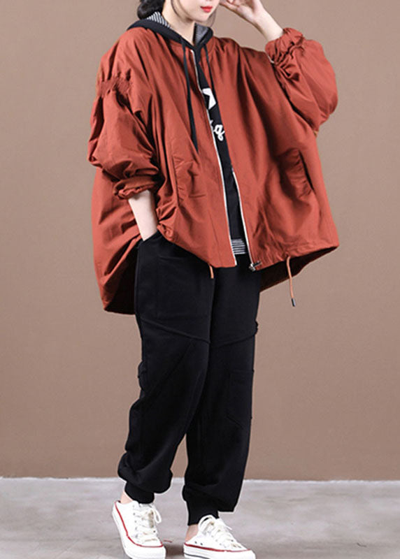 Brick Red Loose Zippered Wrinkled Fall Coats Long Sleeve