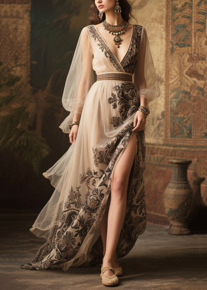 Beige Print Exra Large Hem Chiffon Holiday Dress Summer