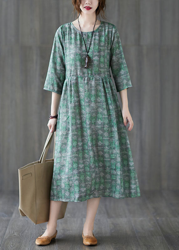 Unique Green O-neck Patchwork Print Fall Maxi Dresses Half Sleeve