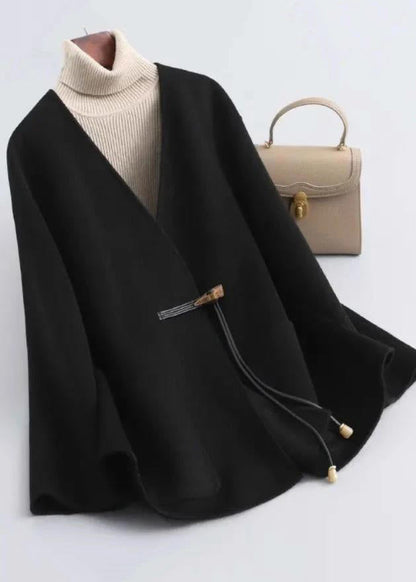 Black V Neck Pockets Woolen Coat Winter