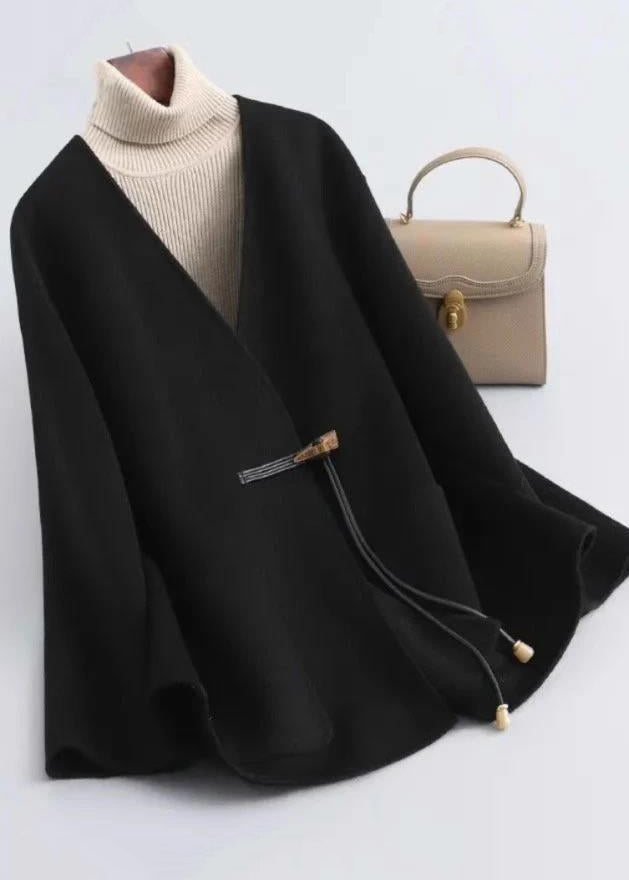 Black V Neck Pockets Woolen Coat Winter