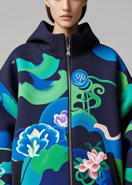 Navy Oversized Print Cotton Hoodie Coat Fall