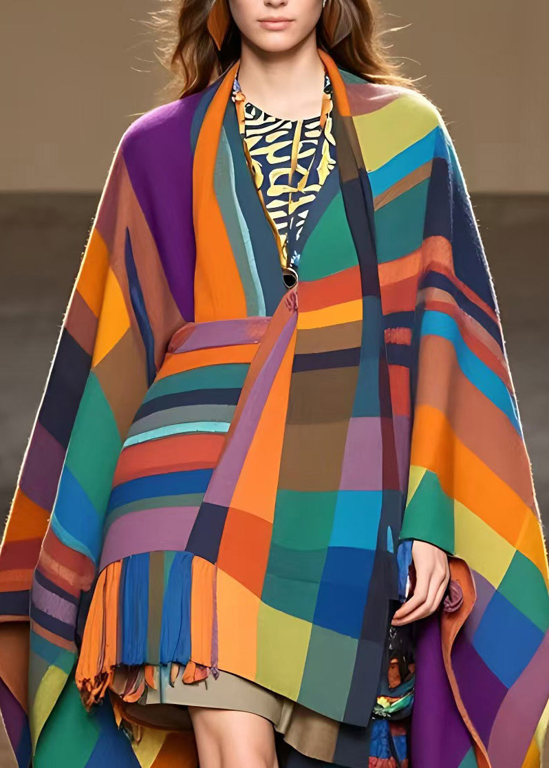Fitted Rainbow V Neck Tassel Long Coats Fall