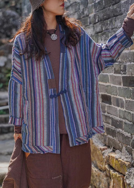 Blue Striped Retro Button Fall Shirt Top