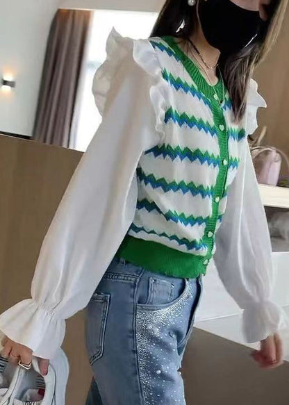 Green Striped Ruffled Patchwork Knit Blouse Tops Fall