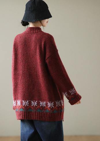 Burgundy Deer Design Knit Top Silhouette High Neck Knitwear
