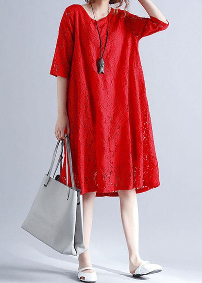 Loose Red O-neck Hollow Out Lace Summer Party Dress Half Sleeve