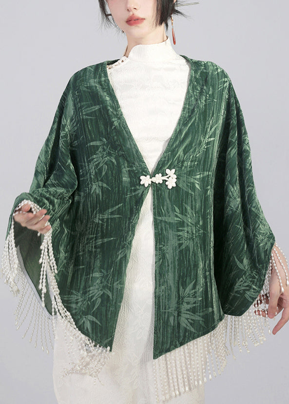 Green Tasseled Chinese Button Cotton Cape Coats Spring