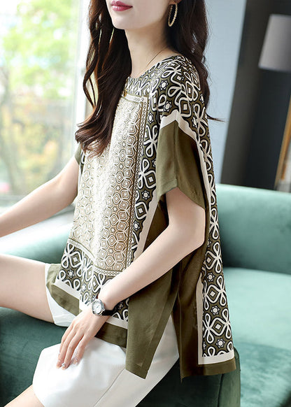 O-neck Print Side Open Silk Top Batwing Sleeve