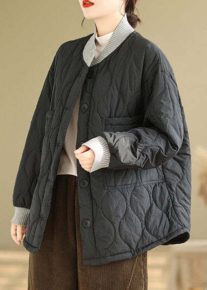 Black Pockets Button Fine Cotton Filled Jacket Winter