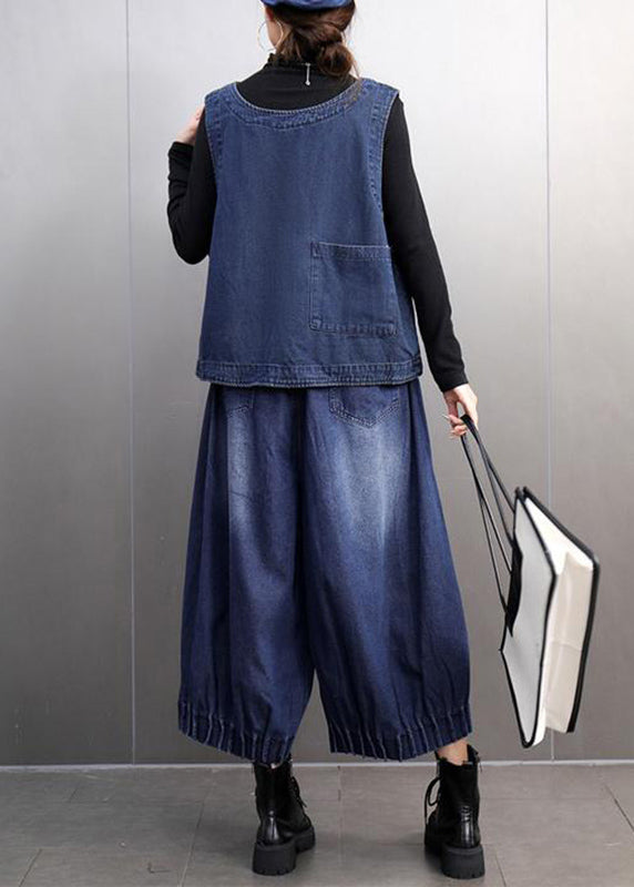 Boutique Blue O-neck Button Denim Waistcoat and Crop Pants Two Pieces Set Spring