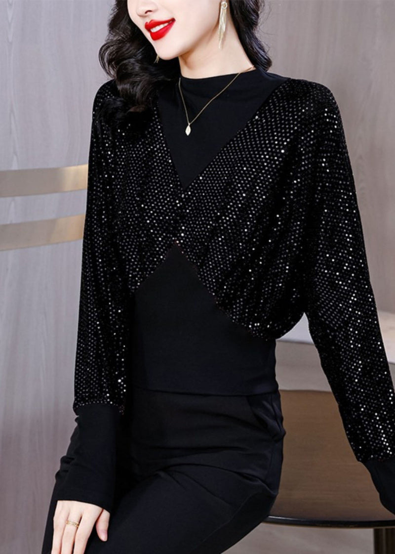 Slim Fit Black O-neck Sequins Patchwork Fake Two Pieces Top Fall