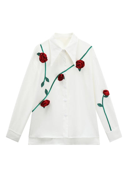 Italian White Peter Pan Collar Roses Patchwork Button Shirt Long Sleeve