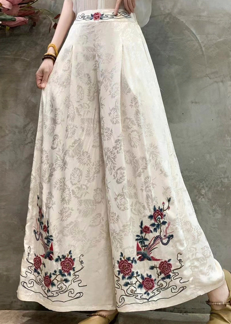 White Jacquard Silk Wide Leg Pants Embroidered Spring